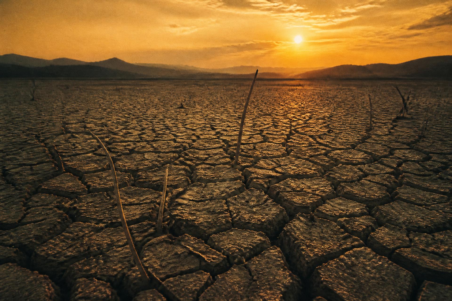 Sun setting over a vast plain of cracked, drought-hardened earth